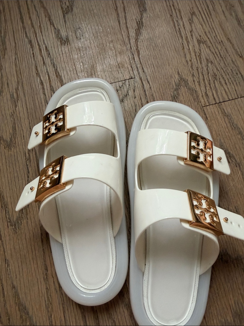 Tory Burch Buckle Bubble Jelly Double-Strap Slide Sandals Ivorywith Gold Buckles